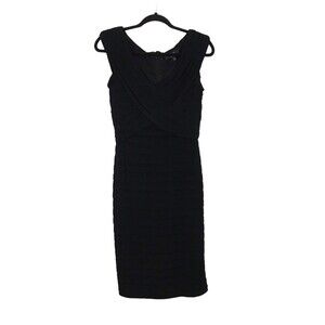 TADASHI Collection Women Sz M V-Neck Faux Wrap Sheath Dress Black Cascade Ruffle